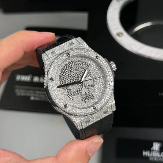 Hublot Classic Fusion SKULL Full Diamonds Moissanite Pave 42mm Black Dial